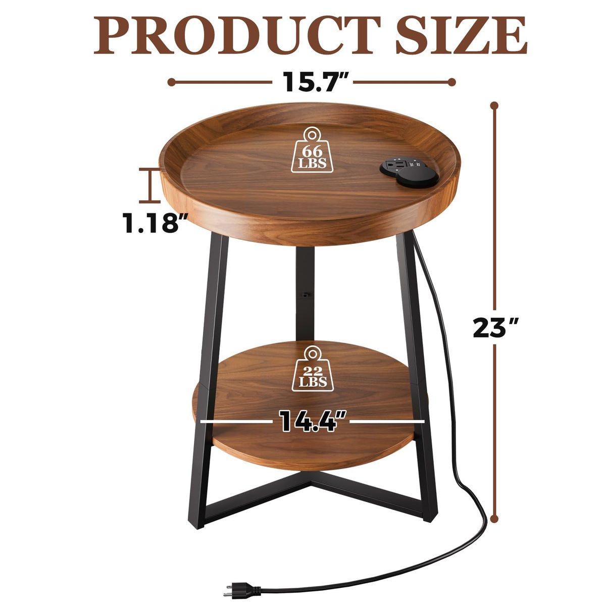 Gadroad Round End Table with Charging Station, USB Ports, Wood Tabletop & Black Metal Frame, 2-Tier Side Table for Living Room, Bedroom, Brown 15.7 * 15.7 * 23.0inches