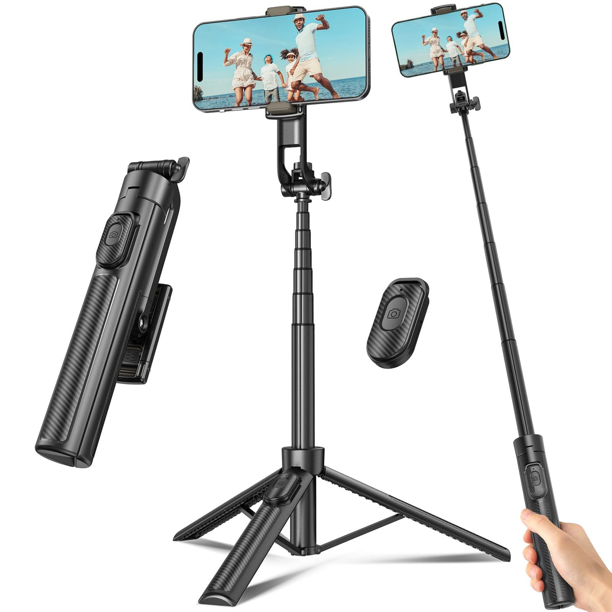 Selfie Stick Travel Tripod for Cell Phone with Remote Control and Phone Holder, Extendable Selfie Stick for iPhone, iPhone Tripod for Video Recording, 50 Inch, Black