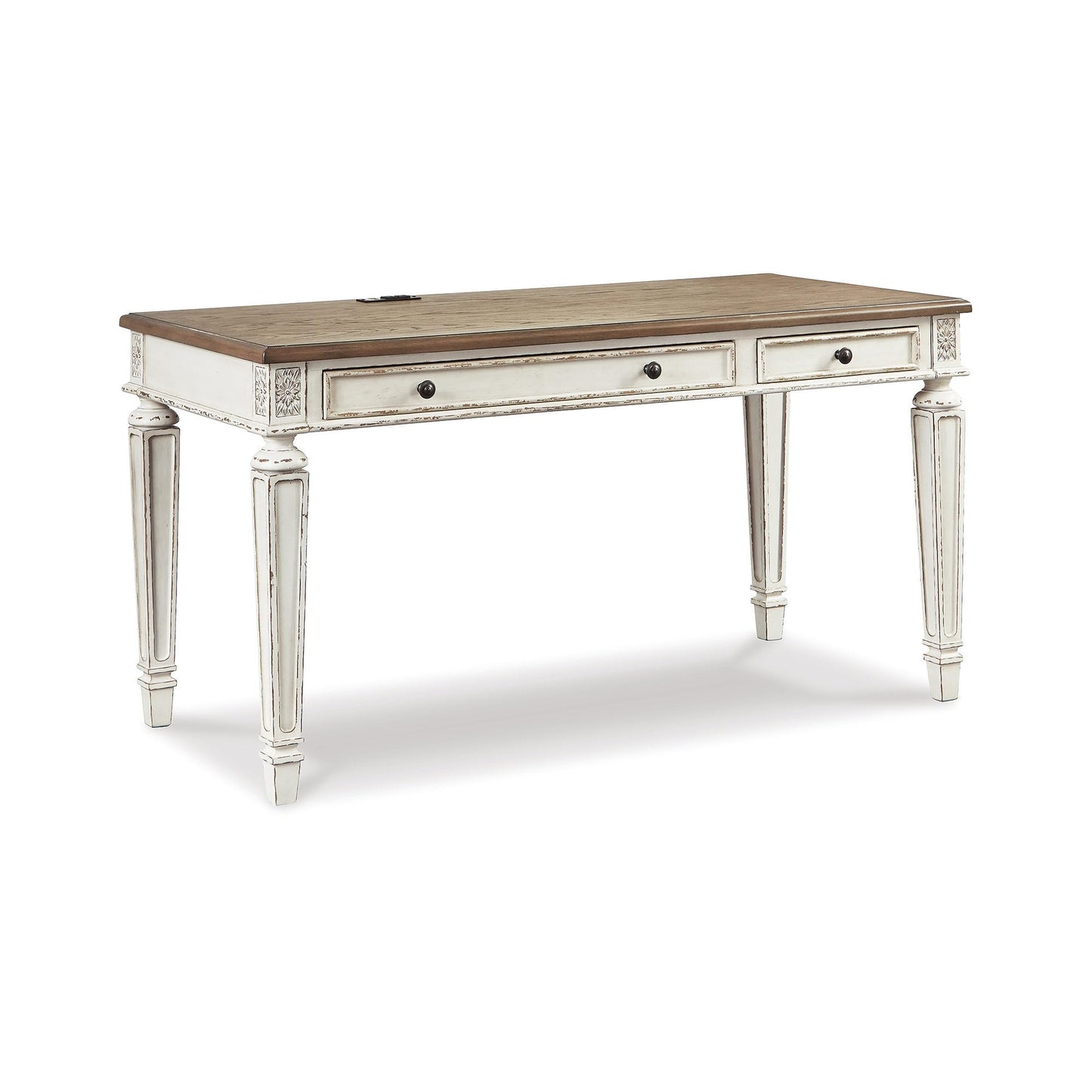 Signature Design by Ashley Realyn Farmhouse Home Office Desk, 2 Drawers, Drop-down Drawer, USB Charging, Wood, 60" W x 28" D x 31" H, Chipped White and Brown