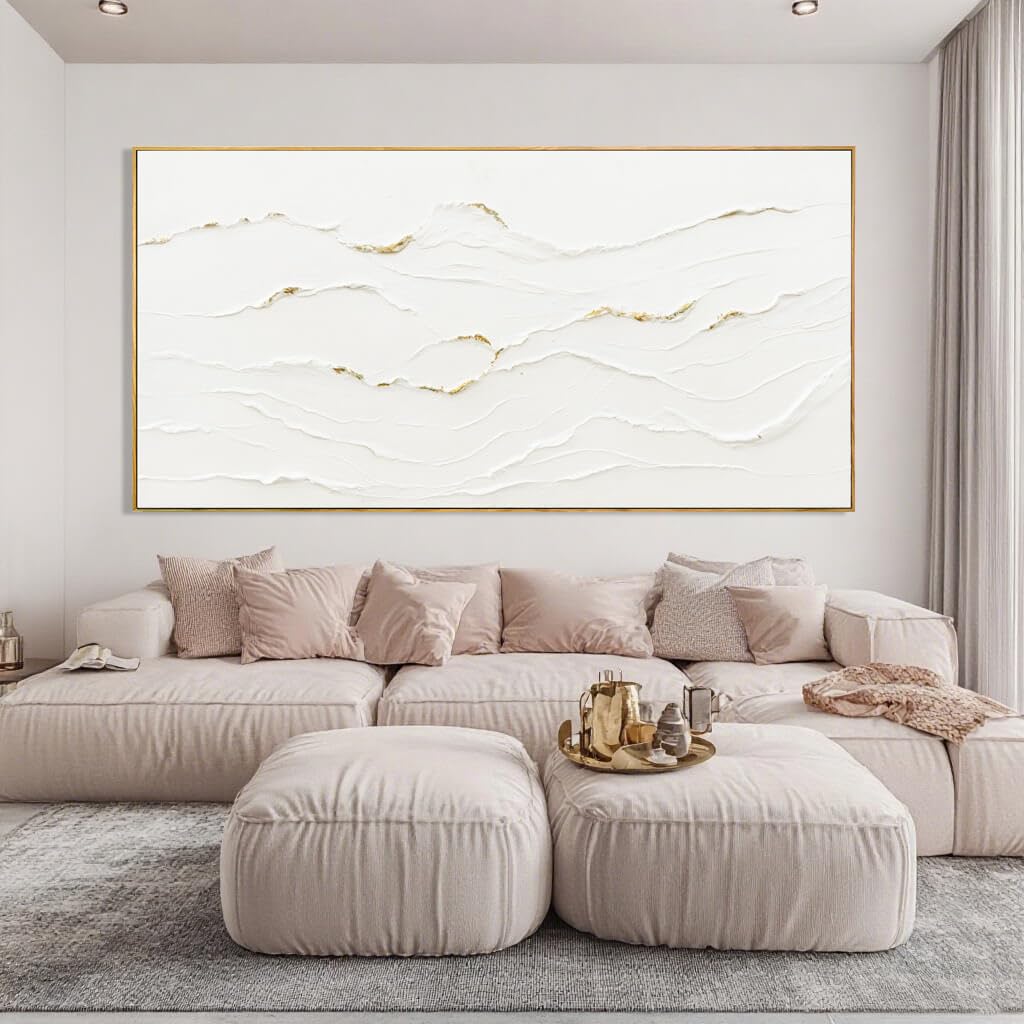 WINKAILIN Large Wavy Line White Abstract Wall Art with Frame Minimalist Modern Hand drawn Painting Textured Poster for Living Room Dining Room Bedroom Decor 29"x58"