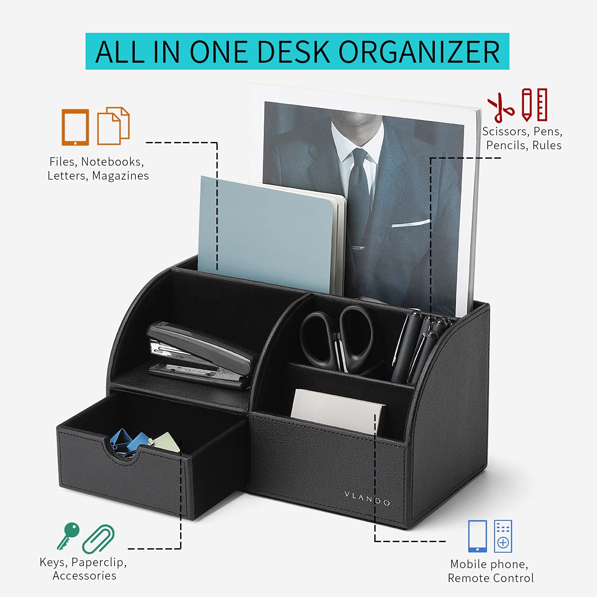 Vlando Office Desk Organizer Leather Desktop Organizer Caddy with Drawer for Storing Desktop Supplies and Accessories (Black)