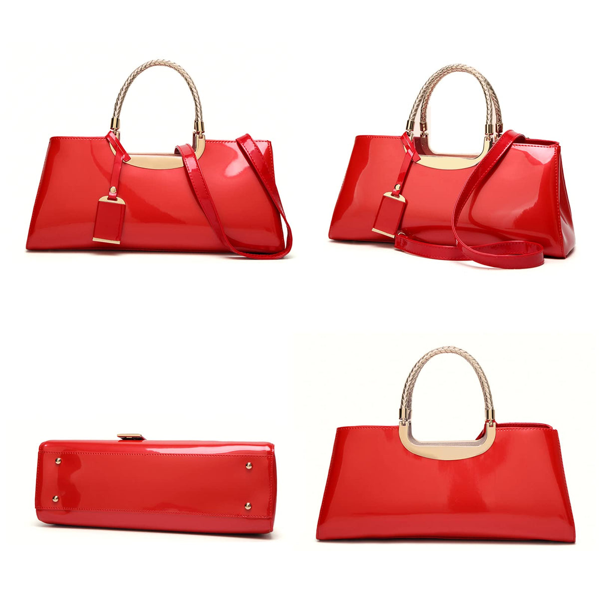 jessie Patent Leather Structured Shoulder Handbag Women Evening Party Satchel Crossbody Top Handle Bags (Red)