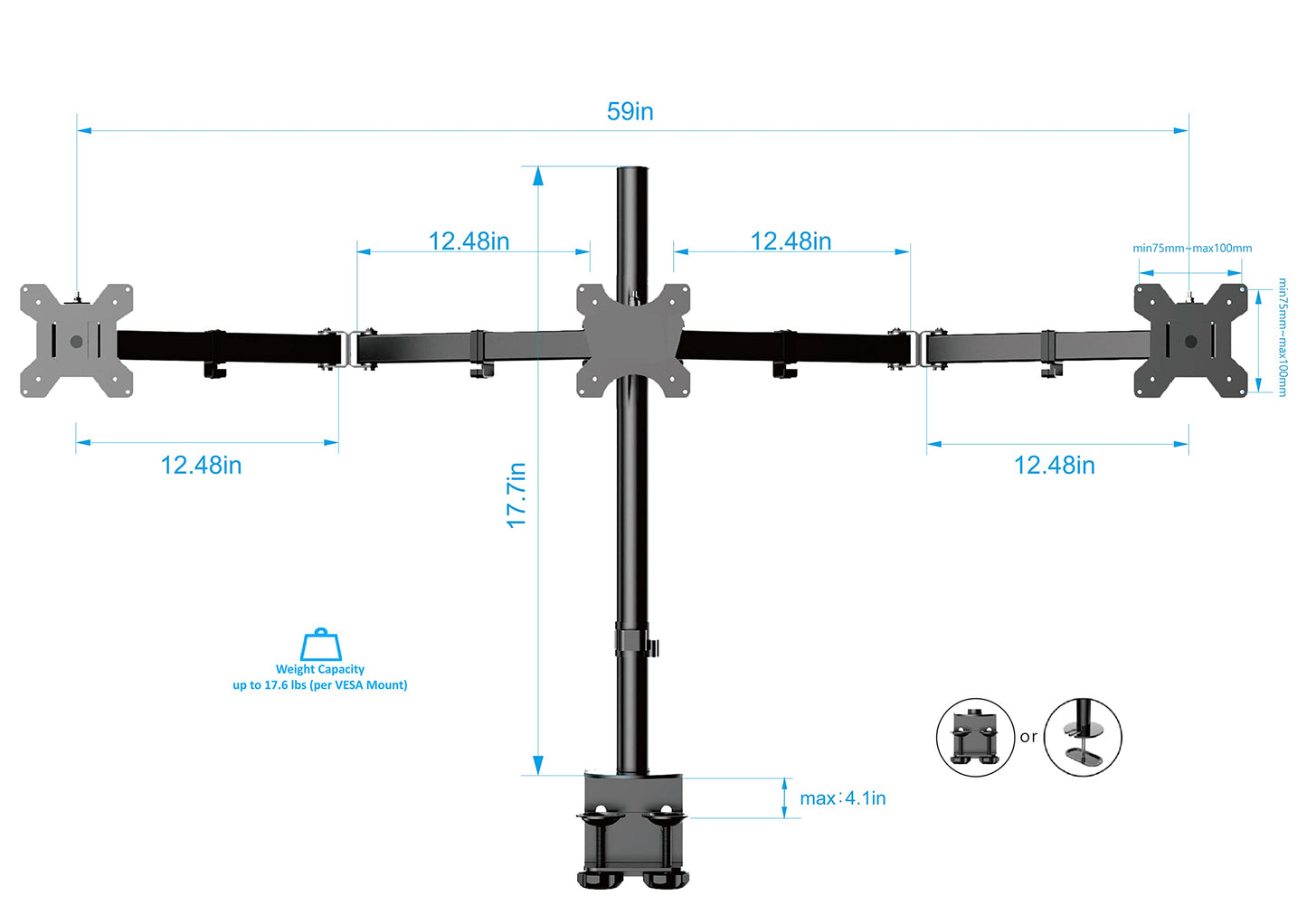 Rocelco Premium Triple Monitor Desk Mount - Standard Pattern Fits 13" - 27" LED LCD Flat Computer Screen - Three Articulated Full Motion Adjustable Arms - Grommet and C Clamp - Black (R DM3)