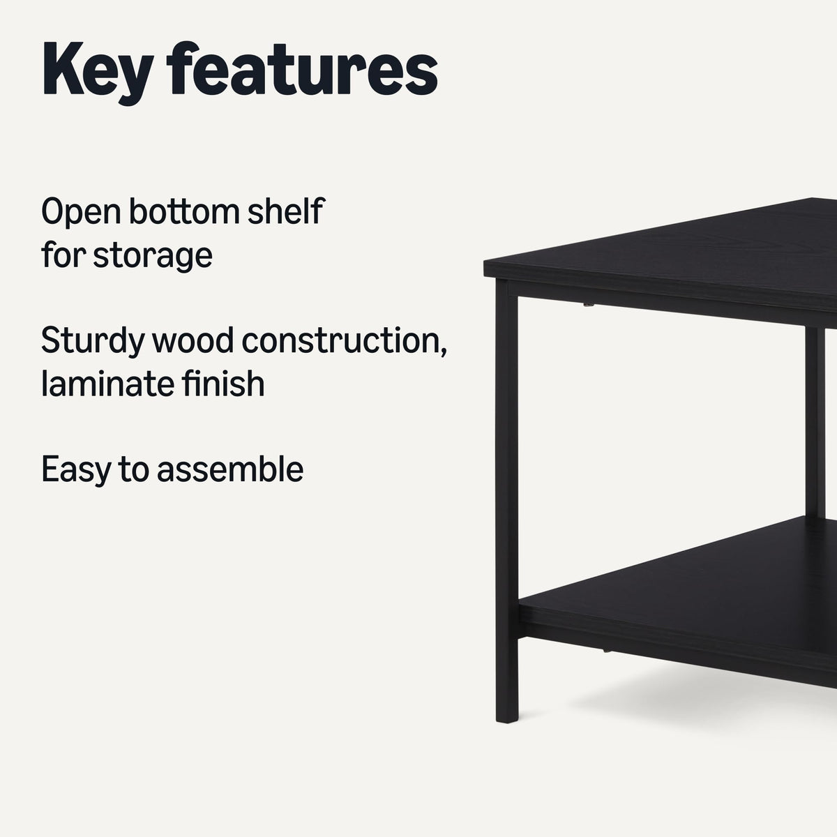 Amazon Basics Rectangular Coffee Table with Bottom Shelf, Living Room Centre Table, Easy to Assemble, 19.9" D x 31.5" W x 16.5" H, Black Woodgrain