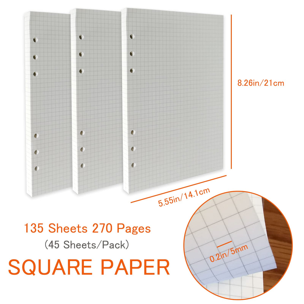 DY.2ten A5 6-Hole Binder Notebook Refills Set - 135 Sheets (270 Pages) Graph Paper + 2pcs A5 Zipper Binder Pockets + 5 Pcs A5 Dividers + Index Note Tabs + index with date + Ruler