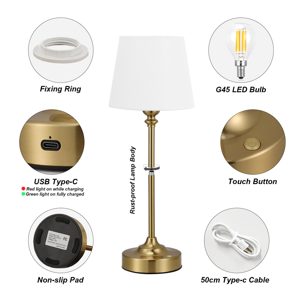 Cordless Table Lamp Rechargeable Gold - 1 Pack Brass 4000mAH Battery Operated Lamp for Decor, 3000K Stepless Dimming Touch Control Wireless Lamp for Bedroom, Dining Table, Counter, Living Room