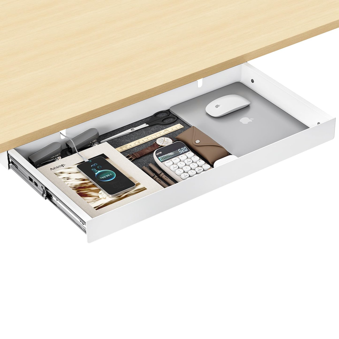 ERGO COLLECT Under Desk Drawer,20.1 inch Carbon Steel Slide-Out Under Table Storage Organizer With Full Extension Ball-Bearing Slides,Undermount Drawer For Standing Desk & Home Office,White