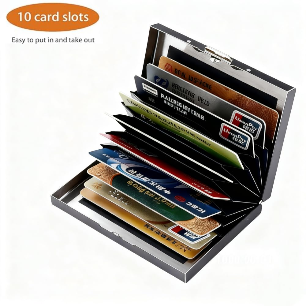 Sungbesi Slim Stainless Steel Metal Card Box Wallet - RFID Blocking Credit Card Holder & ID Protector for Women & Men, Holds Credit/Debit/Business/ID Cards(Black metal wallet 10 grid)