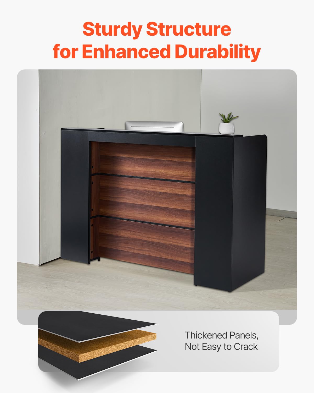 VEVOR Reception Desk, 62 Inch Rectangular Front Counter Table, Office Reception Desk Front Retail Counter with LED Light, for Checkout, Lobby, Beauty Salon and Office, Black & Brown