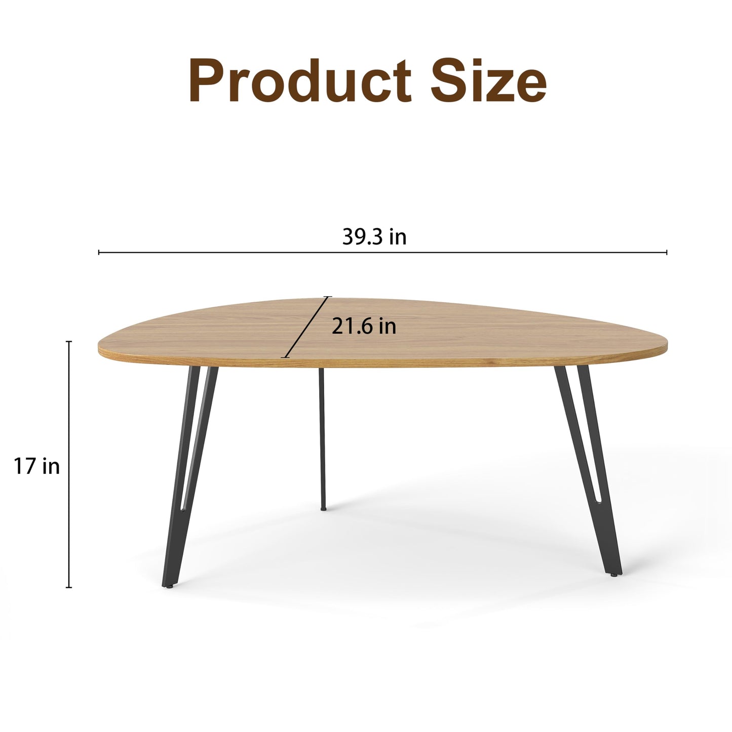 Manora Modern Mid Century Coffee Table, Oval Triangle Wood Center Table with Sturdy Metal Legs, Stylish Living Room Accent Table for Small Spaces