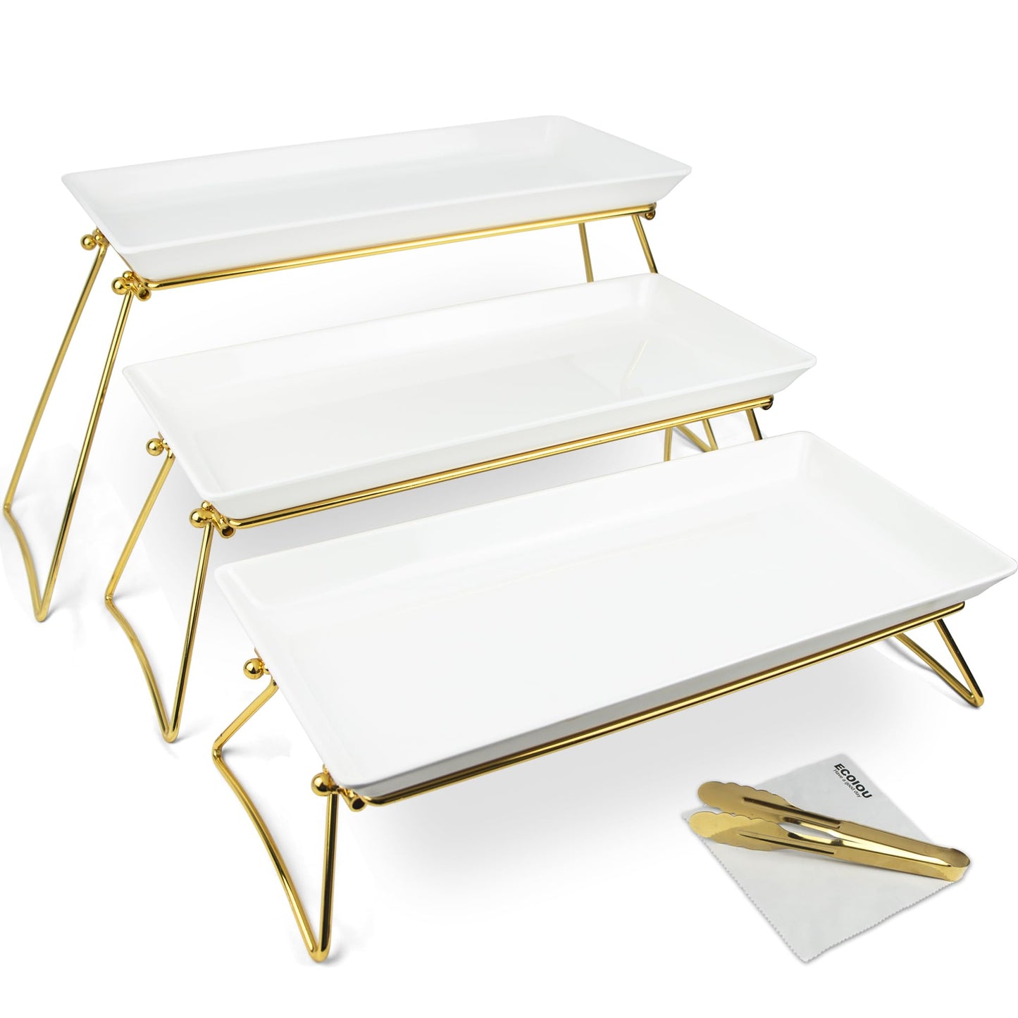 ECOIOU Extra Large 3 Tier Serving Tray, 24 x22 x 9.8 Inch Melamine Tiered Tray Stand and Platters for Party Buffet Entertaining, White and Gold
