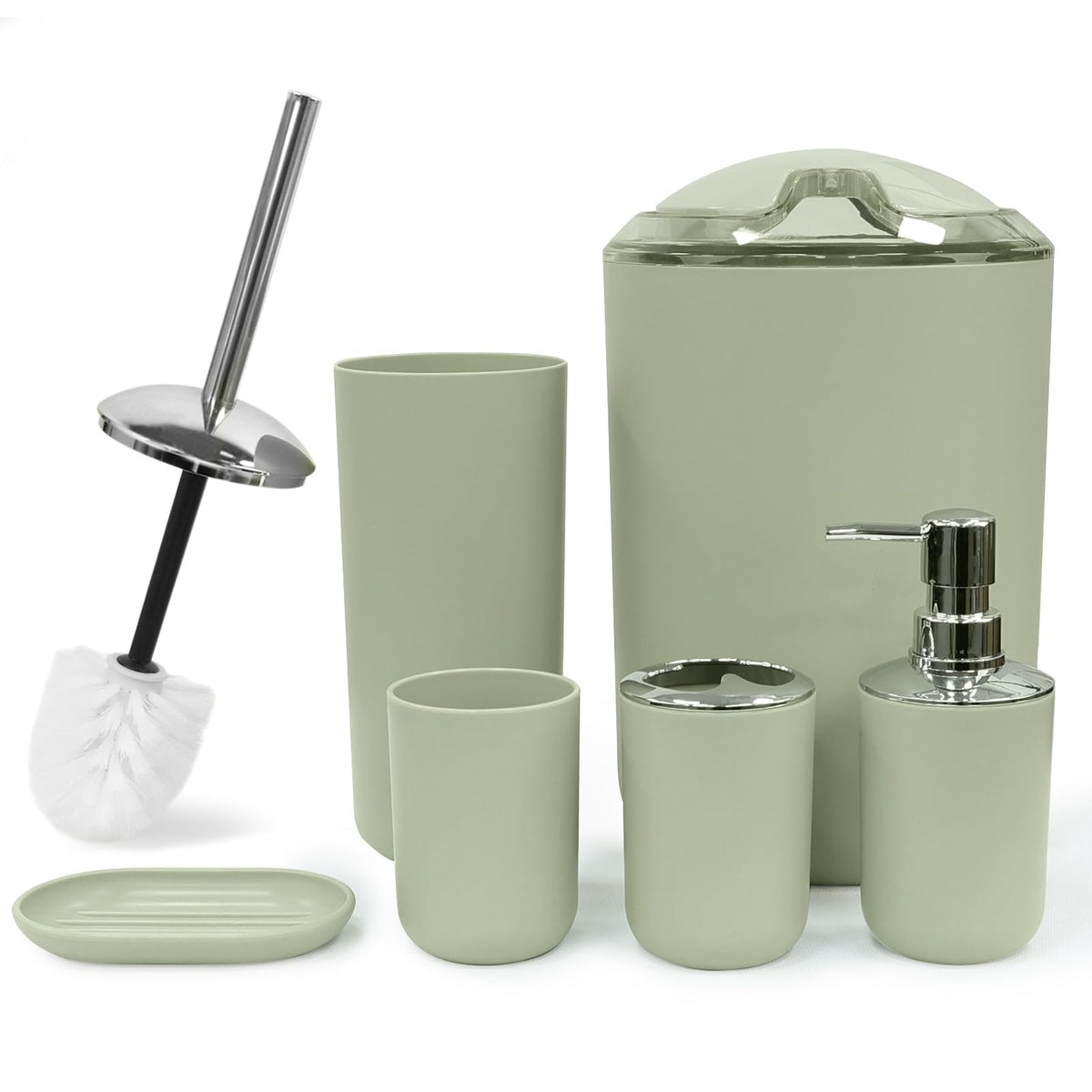CERBIOR Bathroom Accessories Set 6 Piece Bath Ensemble Includes Soap Dispenser, Toothbrush Holder, Toothbrush Cup, Soap Dish for Decorative Countertop and Housewarming Gift (Green)