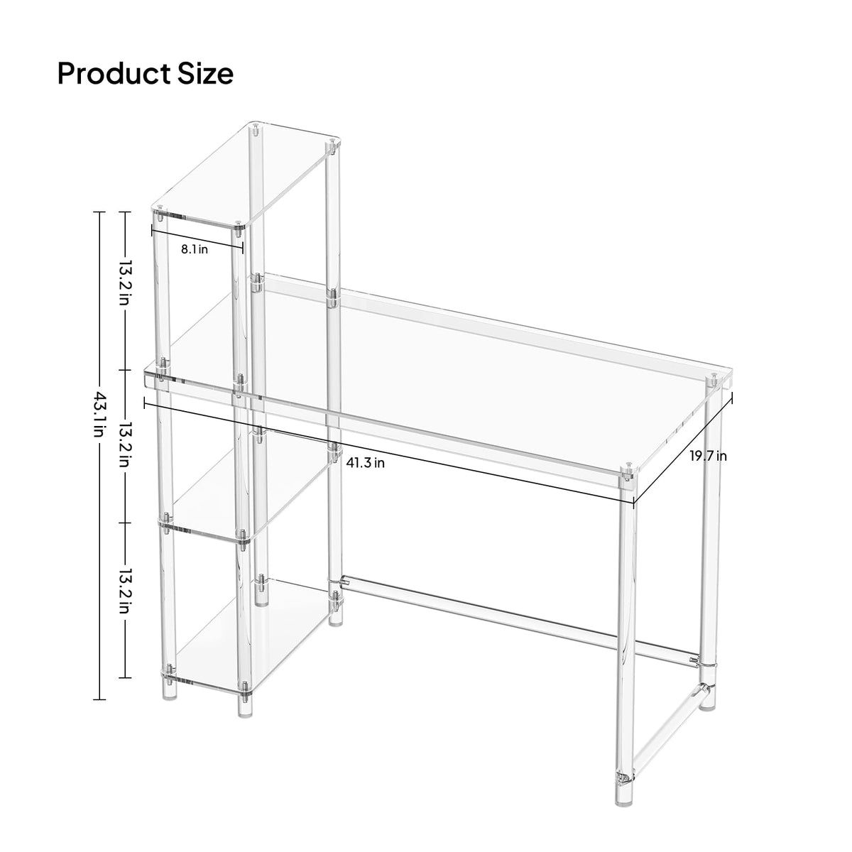 Eglaf Acrylic Desk with 4 Tier Storage Shelves - Modern Computer Desk, Reversible Side Shelf, Easy Assembly, 41.3" L x 19.7" W x 29.5" H, Clear