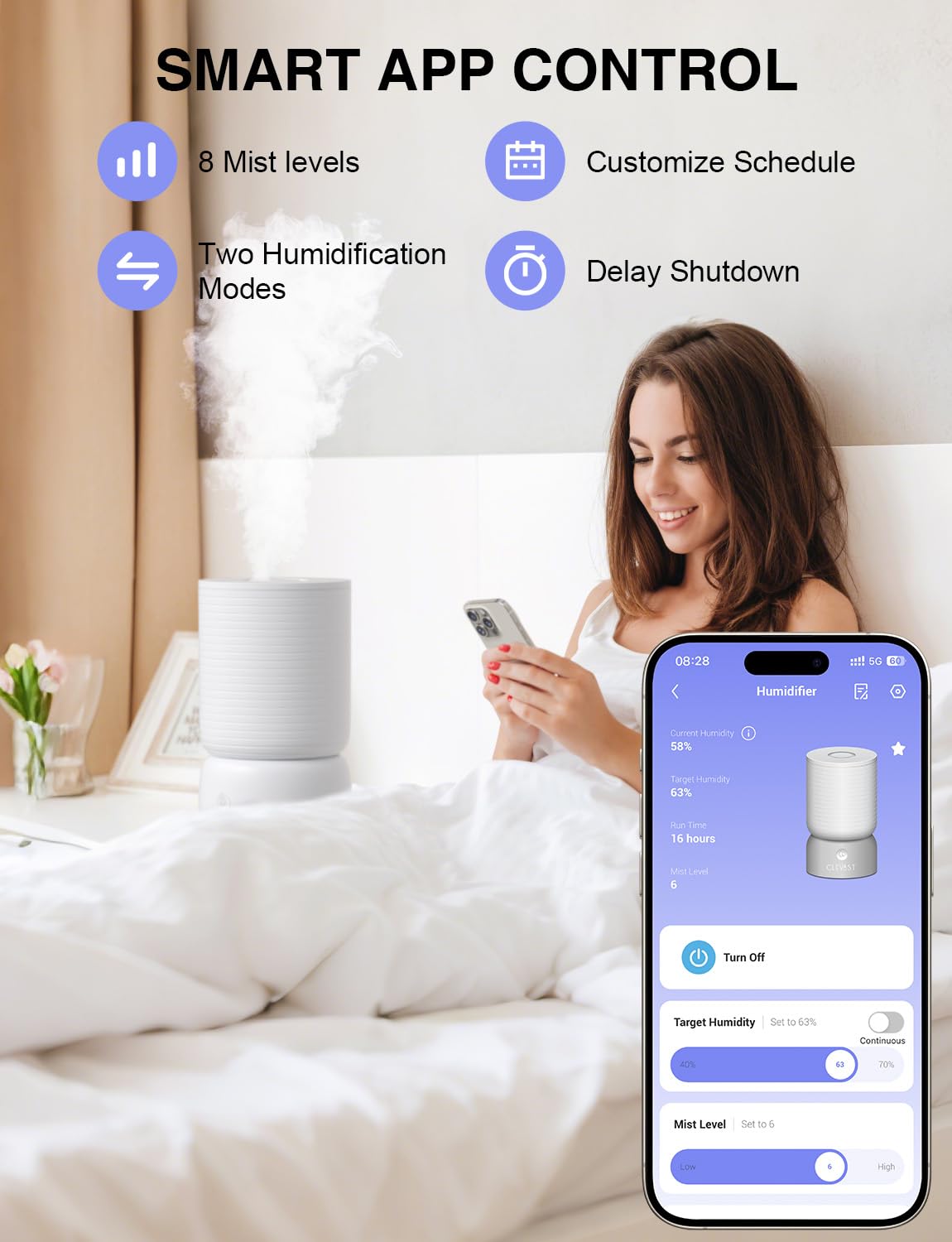 CLEVAST Humidifiers for Bedroom - Smart 1 Gal Cool Mist Top Fill Humidifier with Essential Oil Diffuser, Quiet Operation for Baby Nursery, Home, Office, Room, Compatible with Alexa/Google Assistant