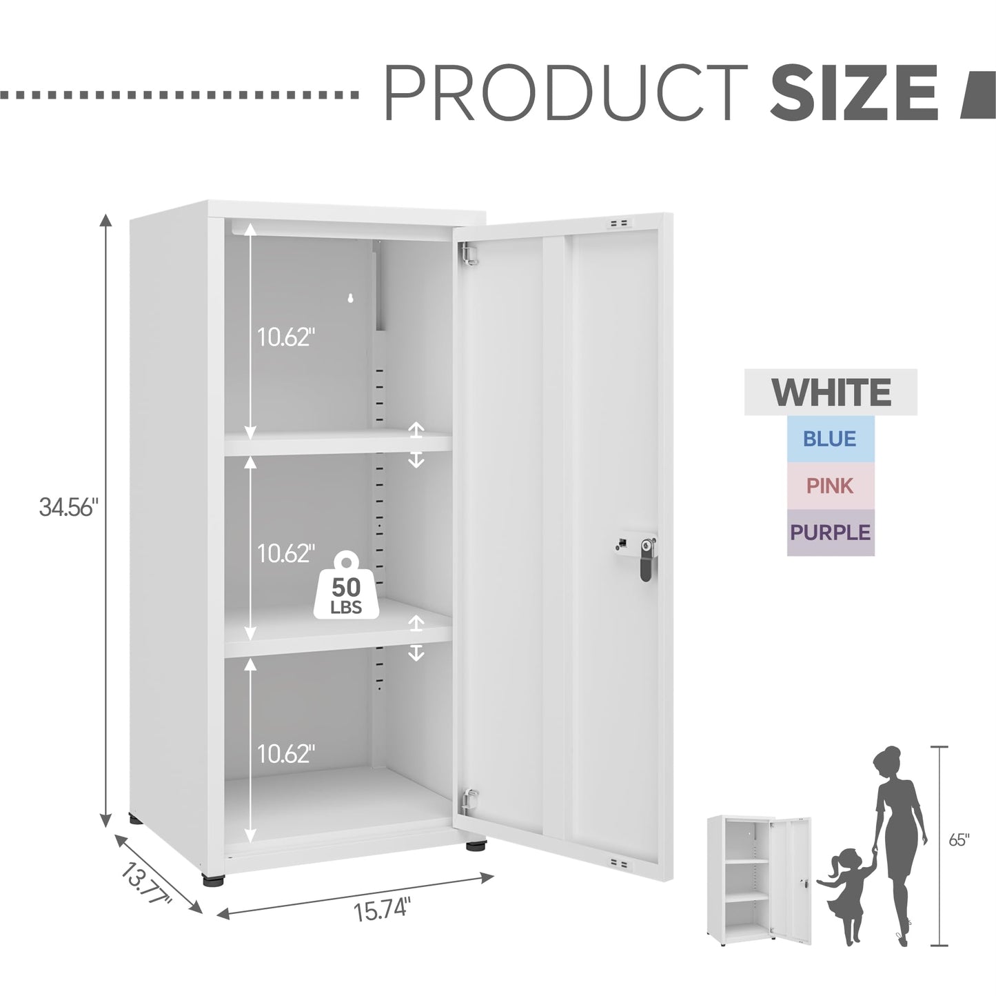 MIOCASA Metal Storage Cabinet with Lock, 3 Adjustable Shelves Single Door Steel Locker for Home, Office & Garage (White)