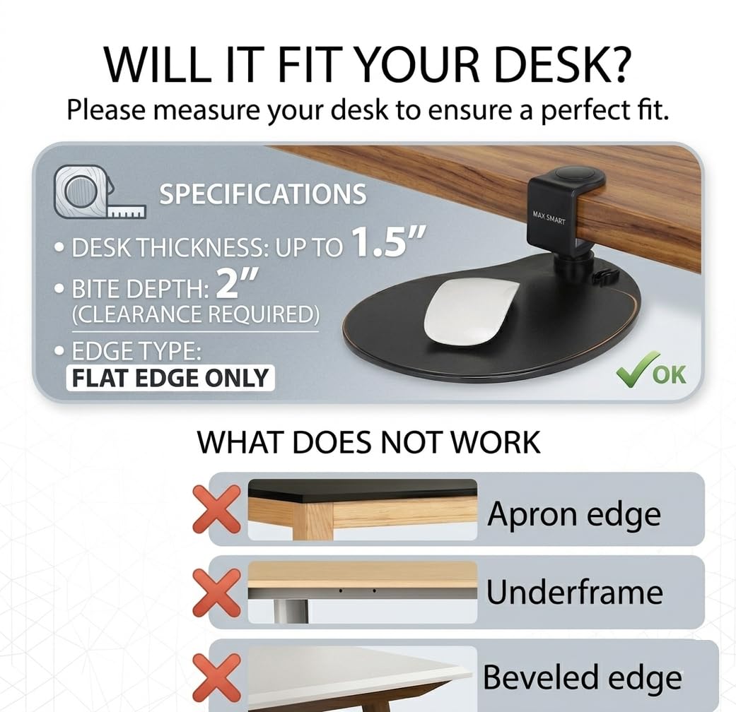 MAX SMART Clamp on Mouse Platform, Clip on Mouse Pad, Rotating 360, Easy Slide Out Tray, Suitable Up to for 1.5" Thickness Desk, for Home, Office to Save Space (Black)