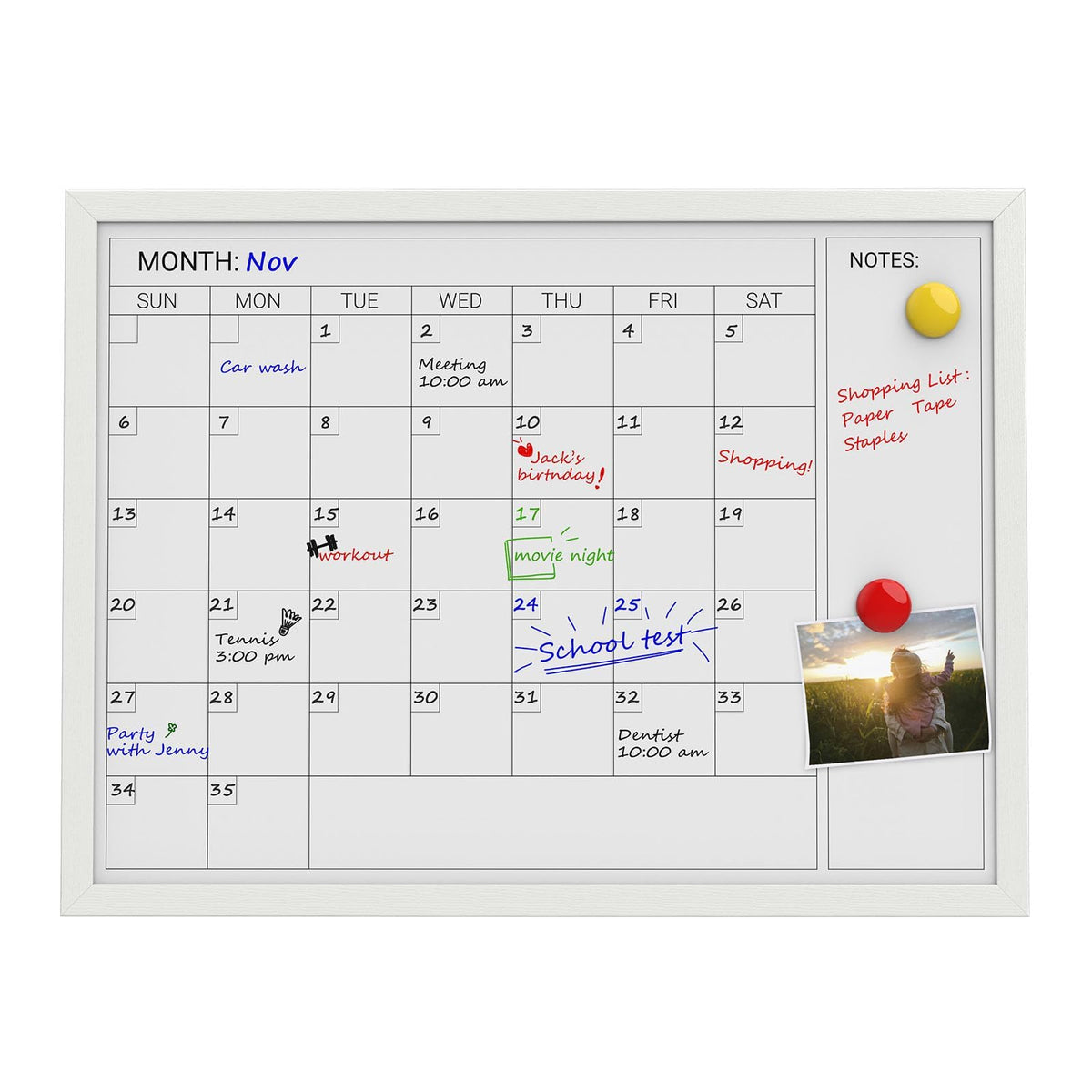 Comix Dry Erase Calendar for Wall, Magnetic Calendar Whiteboard with White Wood Frame, 24 * 18 inches Decorative Planner Board for Office, Kitchen, School, Home