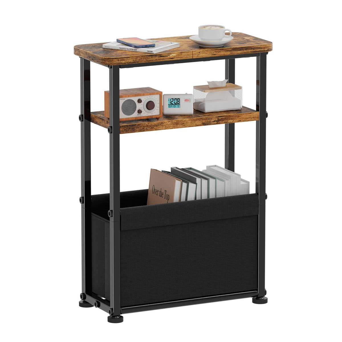 Simple Trending Side Table, 3-Tier Modern End Table with Fabric Basket, Skinny Bedside Table, Thin Nightstand for Bedroom Living Room, Rustic Brown