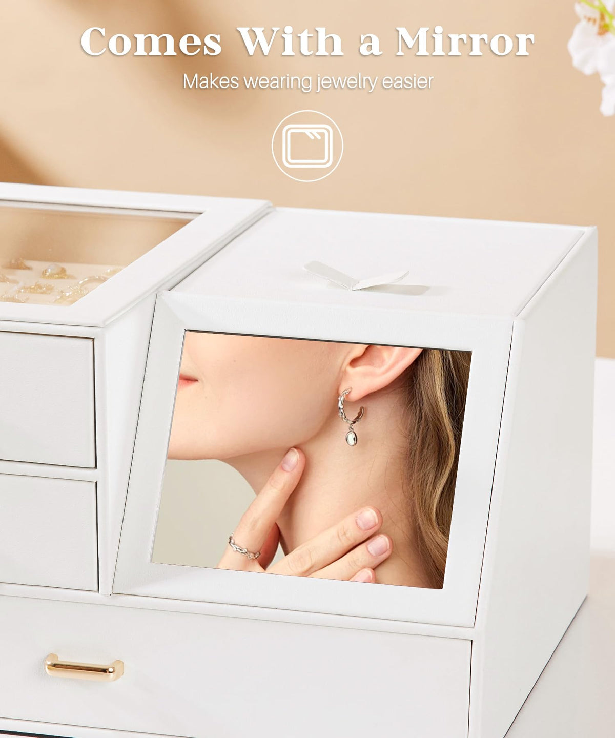 Homde Women Mirror Jewelry Box: Organizer Case with Clear Lid for Ring Necklace Earring - Gift for Young Women (White)