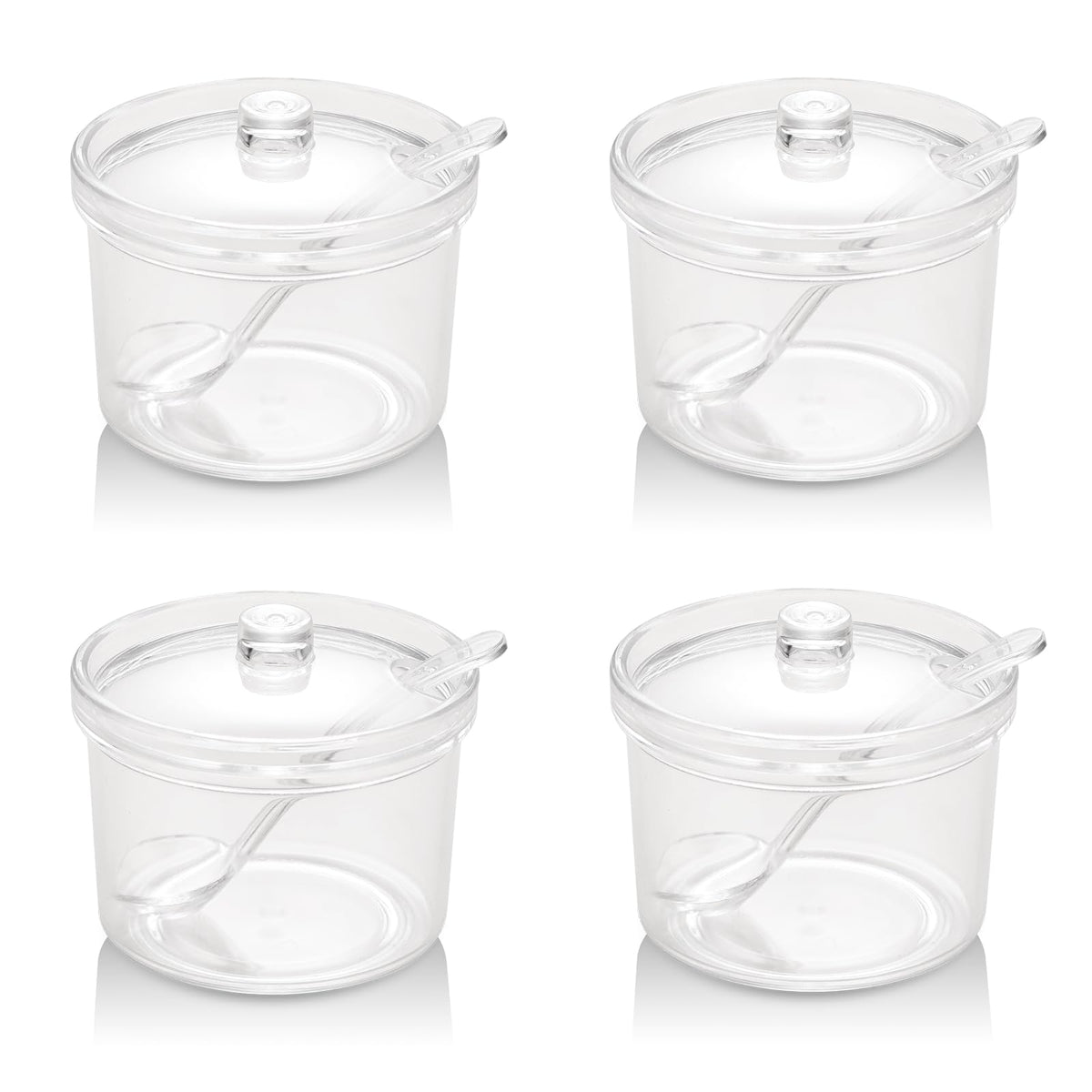 RAMFIYN Set of 4 Acrylic Sugar Bowl with Lid and Spoon, Clear Sugar Jar with Lid and Spoon, Cute Jars for Sugar, Salt, Tea, Condiment Server – 7oz