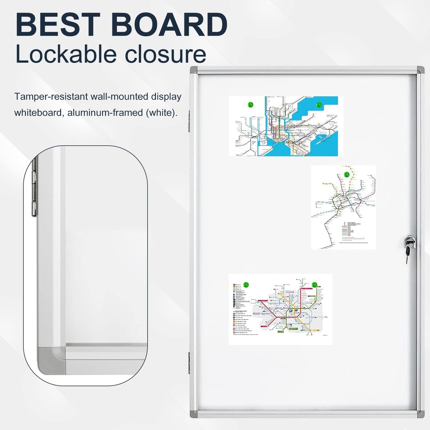 BEST BOARD Lockable Magnetic Enclosed 36 × 24 Inches Dry-Erase whiteboard, Tamper-Resistant wall-Mounted Display White Board, Aluminum-Framed Window (White)