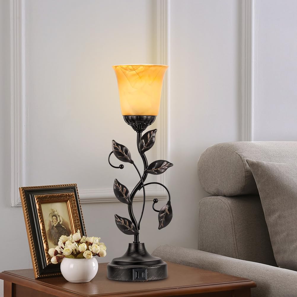 Modxian Vintage Bedside Touch Control Table Lamp 3 Way Dimmable, Amber Glass LED Reading Nightstand Light with 2 USB Charging Ports, Farmhouse Bronze Finish Leaf Desk Lamp for Living Room Bedroom