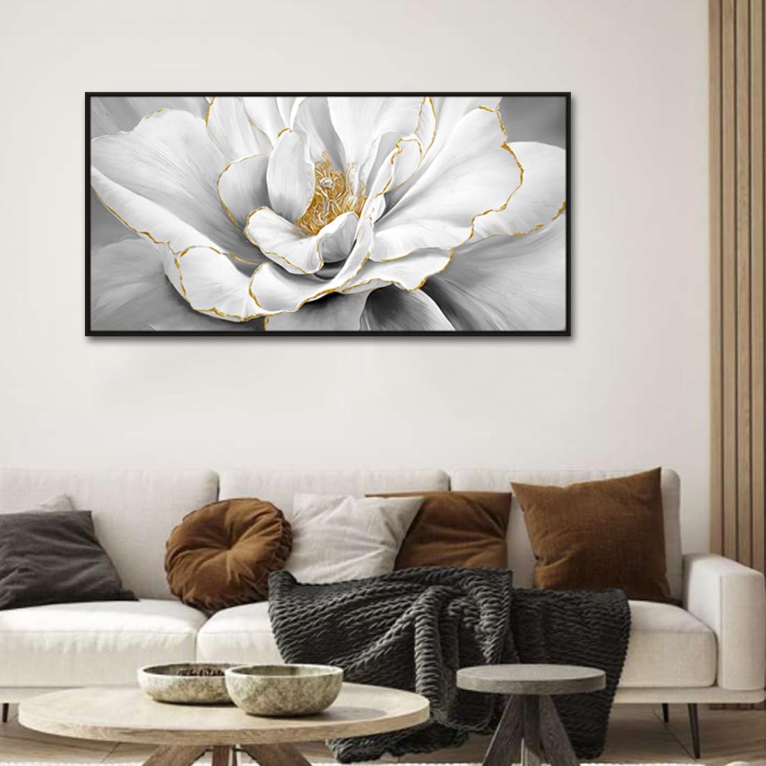 Woxfcart Framed Peony Floral Wall Art, Black and White Dahlias Flower With Gold Accents Print Canvas Artwork for Gray Living Room Bedroom Office Decor, 48 x 24 Inch