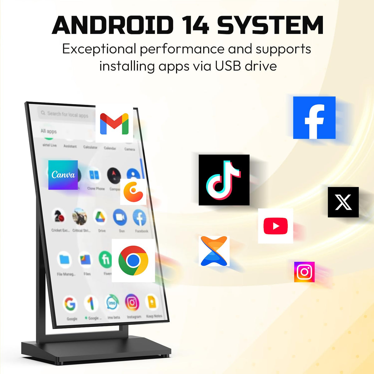 SIOXCFZ 43 Inch Mobile Digital Signage Display, 4+64G Android 14 Indoor Anti-Glare LCD Advertising Kiosk, Aluminum Foldable Digital Display Poster with Free CMS, 2.4G/5G WiFi, Bluetooth 5.3(Black)