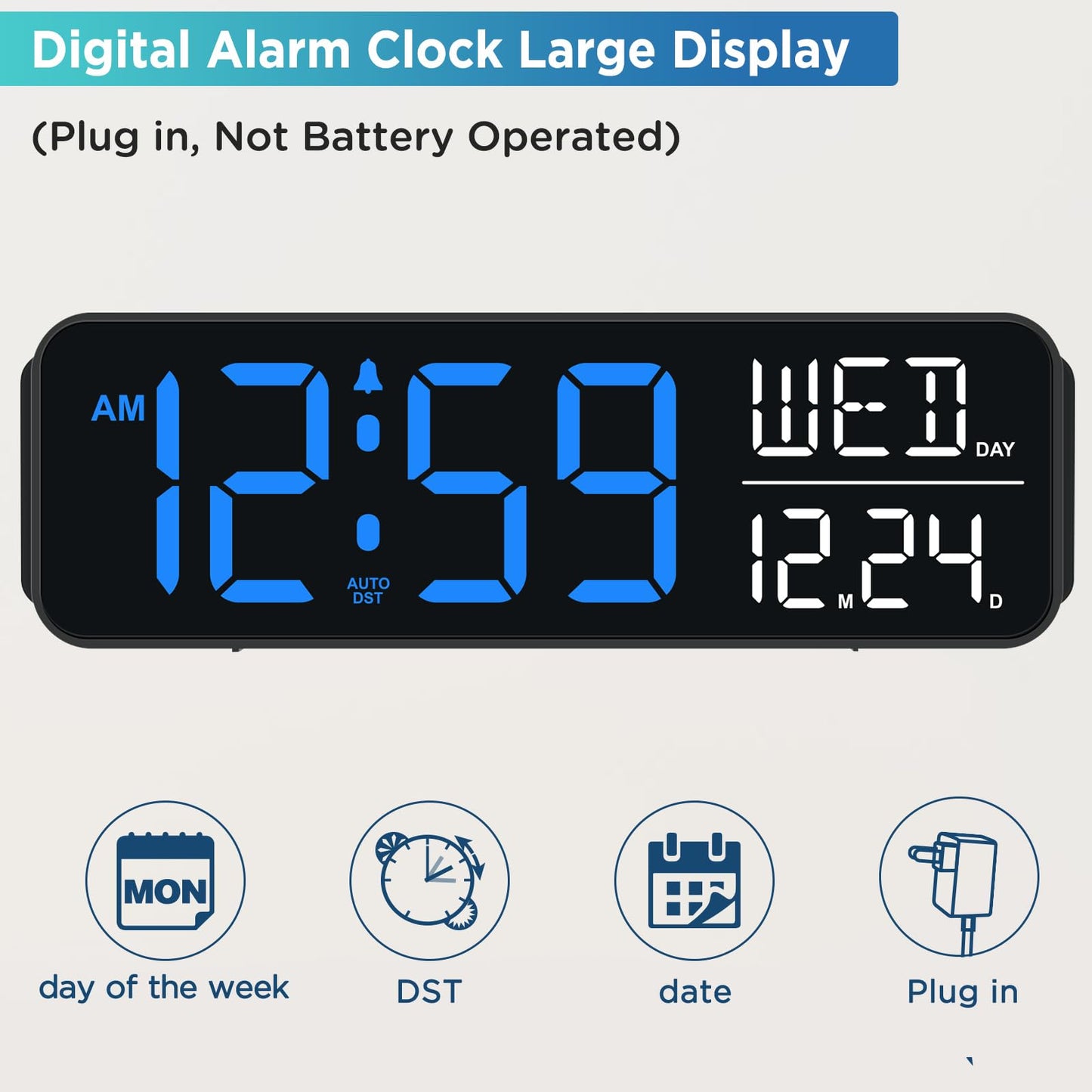 Peakeep Large Display Digital Alarm Clock for Bedrooms, Date Day of Week Calendar Desk Table Clocks for Living Room Office, Dimmable Plug in Electric Clock, 5 Volumes, Loud, Auto DST
