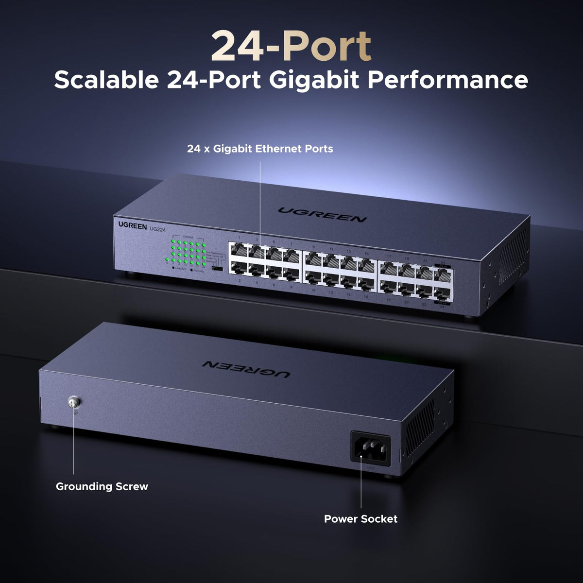 UGREEN 24 Port Gigabit Switch, Rackmount Plug & Play Ethernet Switch, 4 Mode, Unmanaged Network Splitter for Office & Business, Metal Fanless Desktop & Wall Mount Hub for NAS, PC, Printer, Router