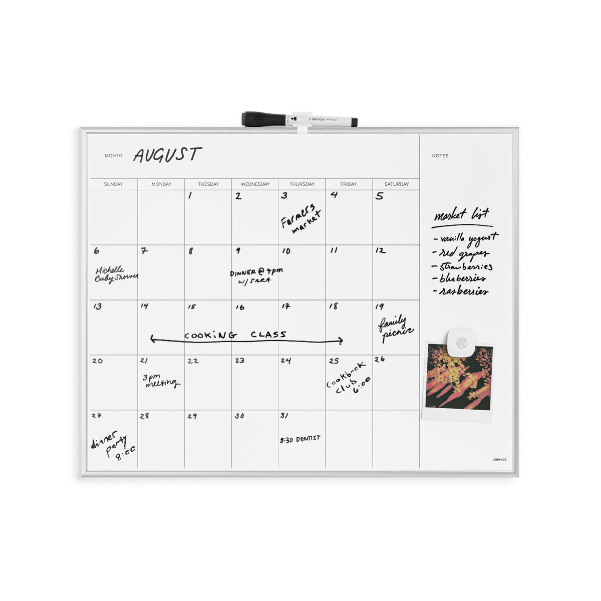 U Brands Magnetic Dry Erase Calendar White Board, 16" x 20", Silver Aluminum Frame, Includes Magnet and Marker