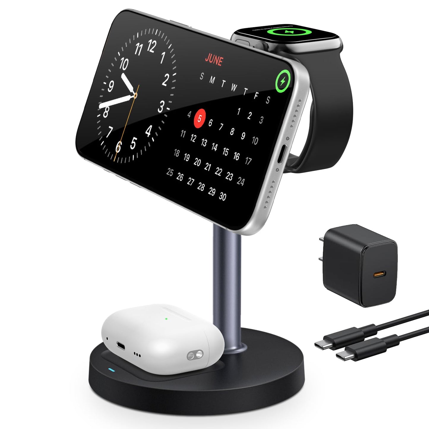 3 in 1 Magnetic Wireless Charging Station, 15W Fast Charger Stand for iPhone, Phone Charger Stand for Desk Nightstand, for iPhone 17/16/15/14/13/12, Apple Watch & AirPods, 18W Adapter Included -Black