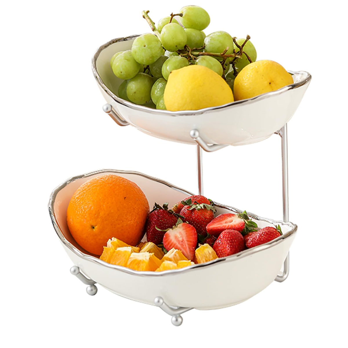 HOMKULA 2 Tier Ceramic Fruit Bowl for Kitchen Counter, Tiered Fruit Basket for Countertop, Modern Multi Layer Fruit Display Stand for Party, Cute (Silver-rimmed, Small)