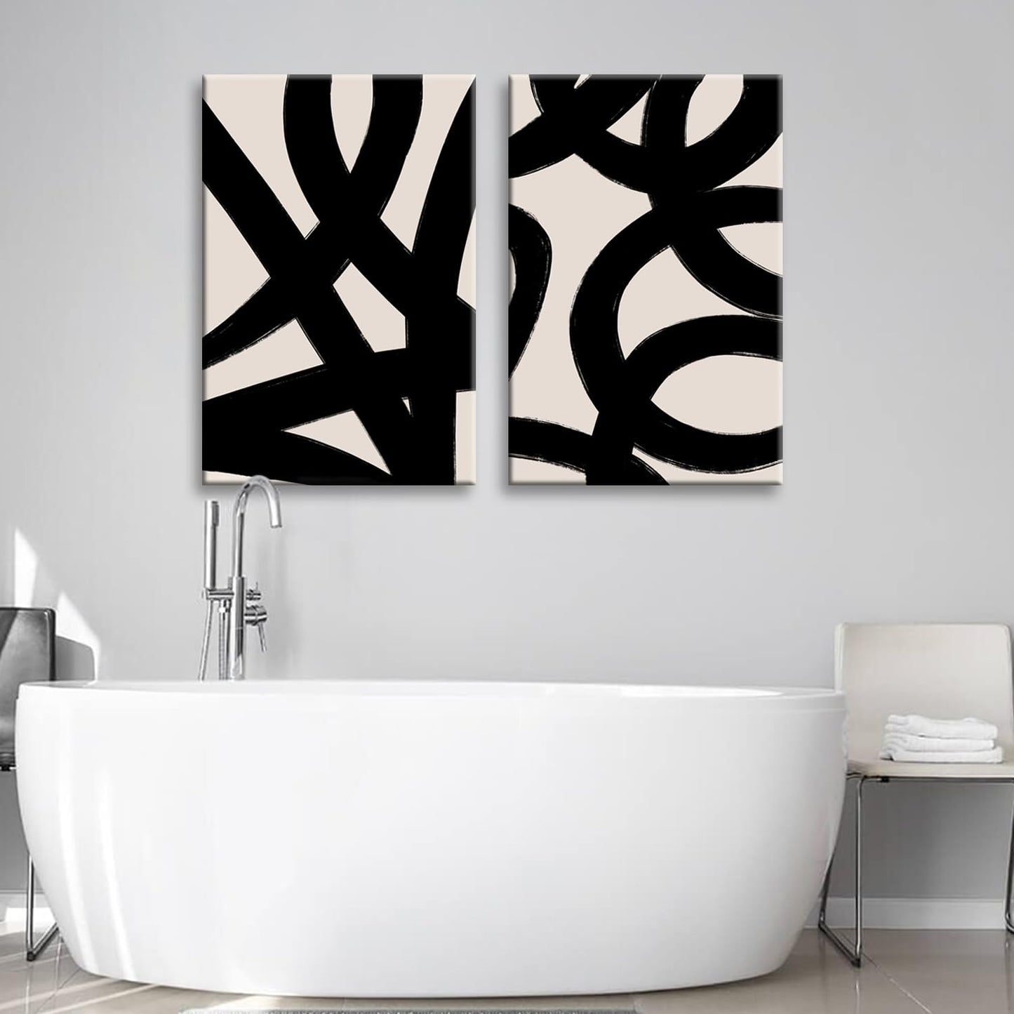 Framed Abstract Wall Art Canvas Set Lines Pictures Modern Mid Century Boho Wall Decor Minimalist Abstract Black Stroke Lines Canvas Painting Artwork Living Room Bedroom Home Office 12"x16"x2