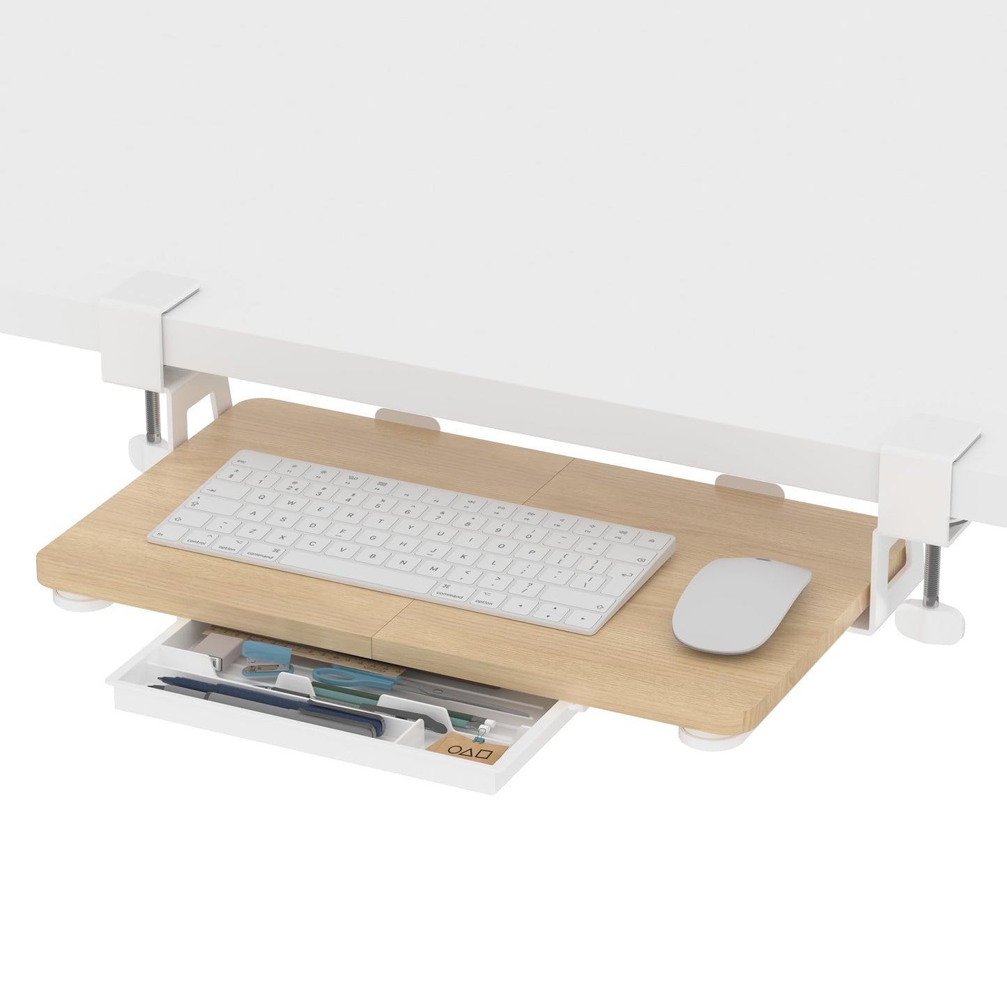 ETHU Keyboard Tray Under Desk, 19.7" X 11.81" Small Size Keyboard Drawer with C Clamp-on Mount Easy to Install, Computer Keyboard Stand Slide Pull Out, Ergonomic Keyboard Tray for Home & Office, Oak