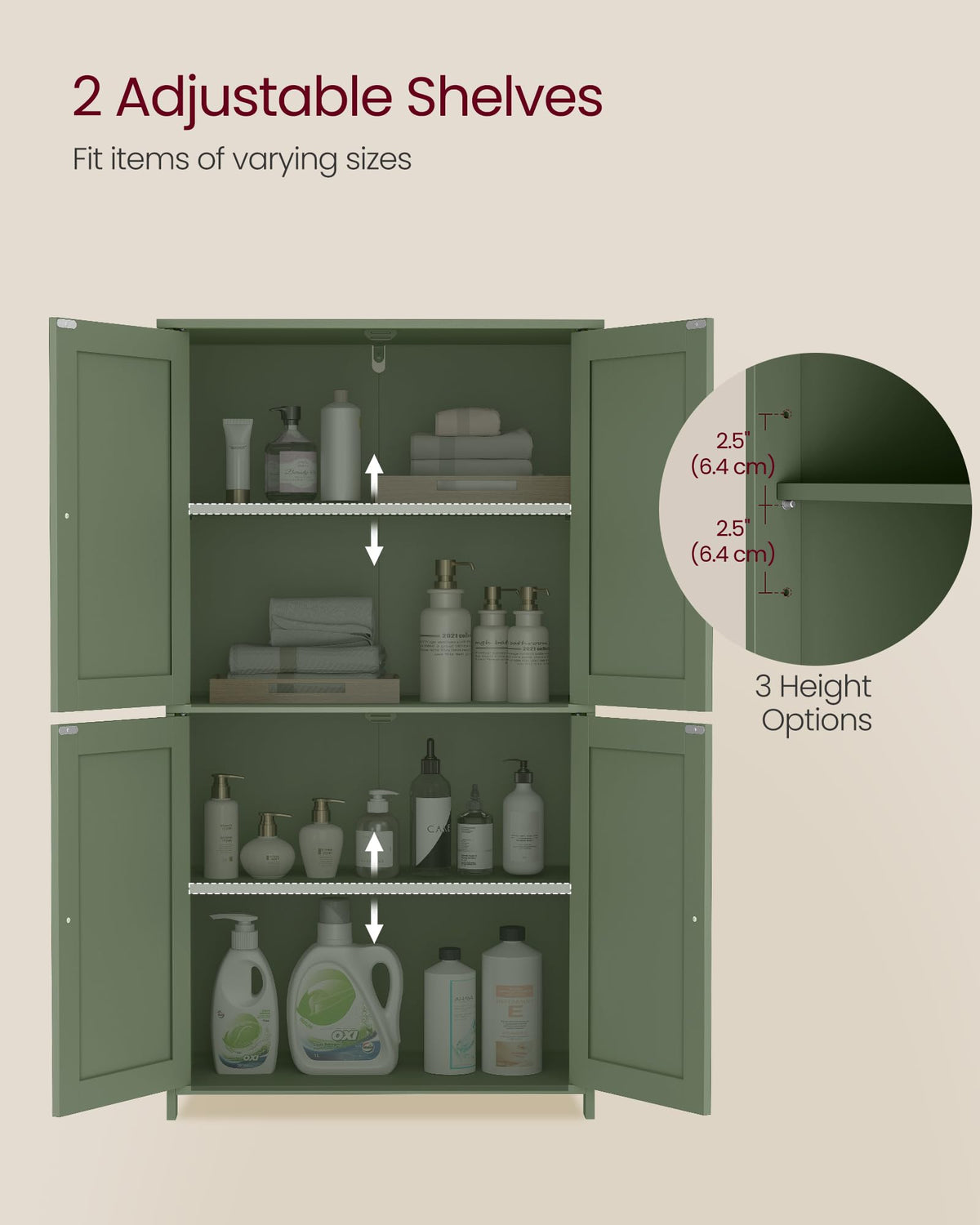 VASAGLE Floor Storage Cabinet, Shaker Cabinet with 2 Adjustable Shelves, 4 Doors, Tall Freestanding Organizer Unit, for Kitchen Bathroom Living Room, Forest Green UBBC553CH01S