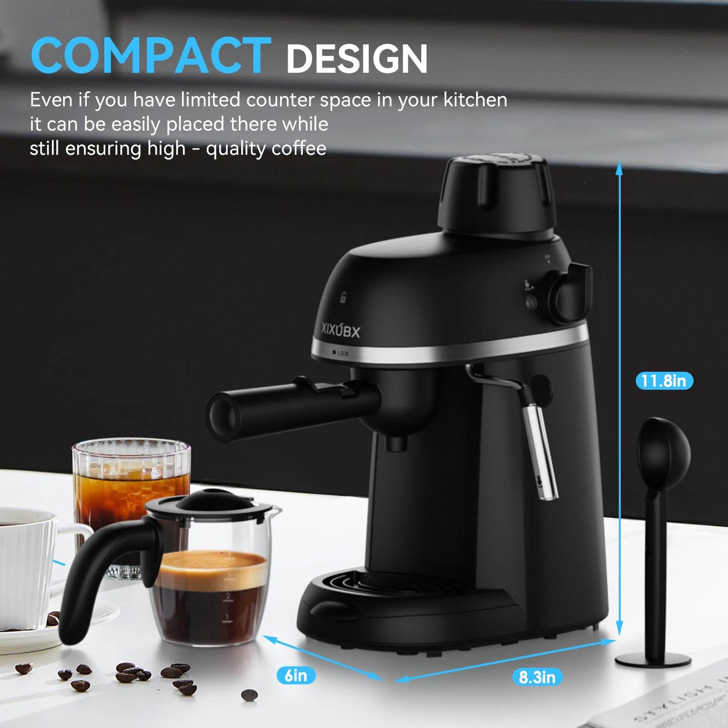 XIXUBX Coffee Machine, 3.5 Bar Espresso & Cappuccino Machine with Steam Wand, Compact Design Coffee Maker for Latte, Safety Lock & Tritan Cups, 800w, Black