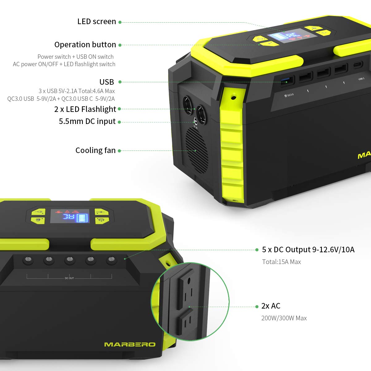 MARBERO 222Wh Portable Power Station 200W Outdoor Generator 60000mAh with AC Outlet 110V 200W DC USB LED Flashlights Lithium Battery Power Supply for CPAP Camping Backup Emergency Home