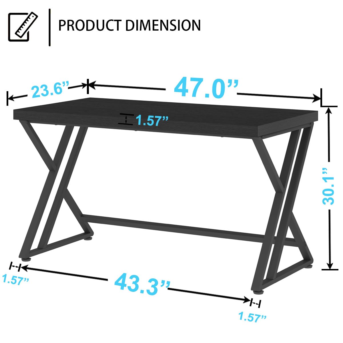 LVB Black Desk, Modern Gaming Writing Computer Desk for Home Office, Metal Wood Study Work PC Computer Table for Bedroom, Industrial Executive Student Workstation Desk, 47 Inch, Black Oak