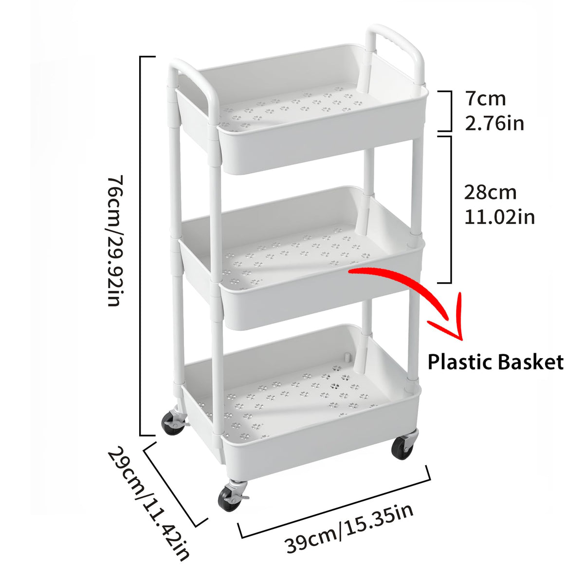Sywhitta 3-Tier Plastic Rolling Utility Cart with Handle, Multi-Functional Storage Trolley for Office, Living Room, Kitchen, Movable Storage Organizer with Wheels, White