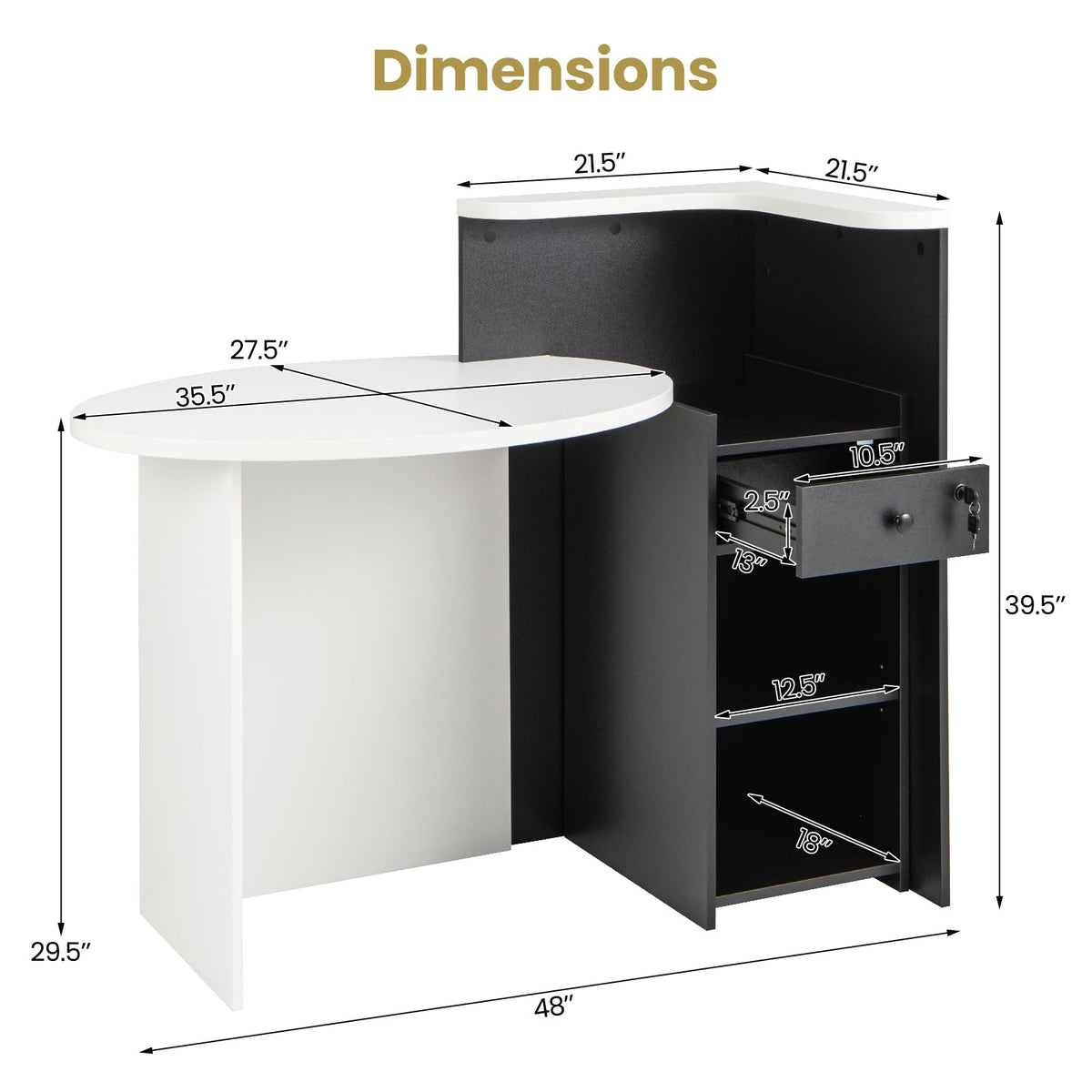 Giantex Reception Desk, Front Counter Desk with Lockable Drawer, Retail Counter Checkout Table with Round Tabletop, Corner Shelf & Adjustable Shelf for Office Beauty Salon Retail Store (Black)