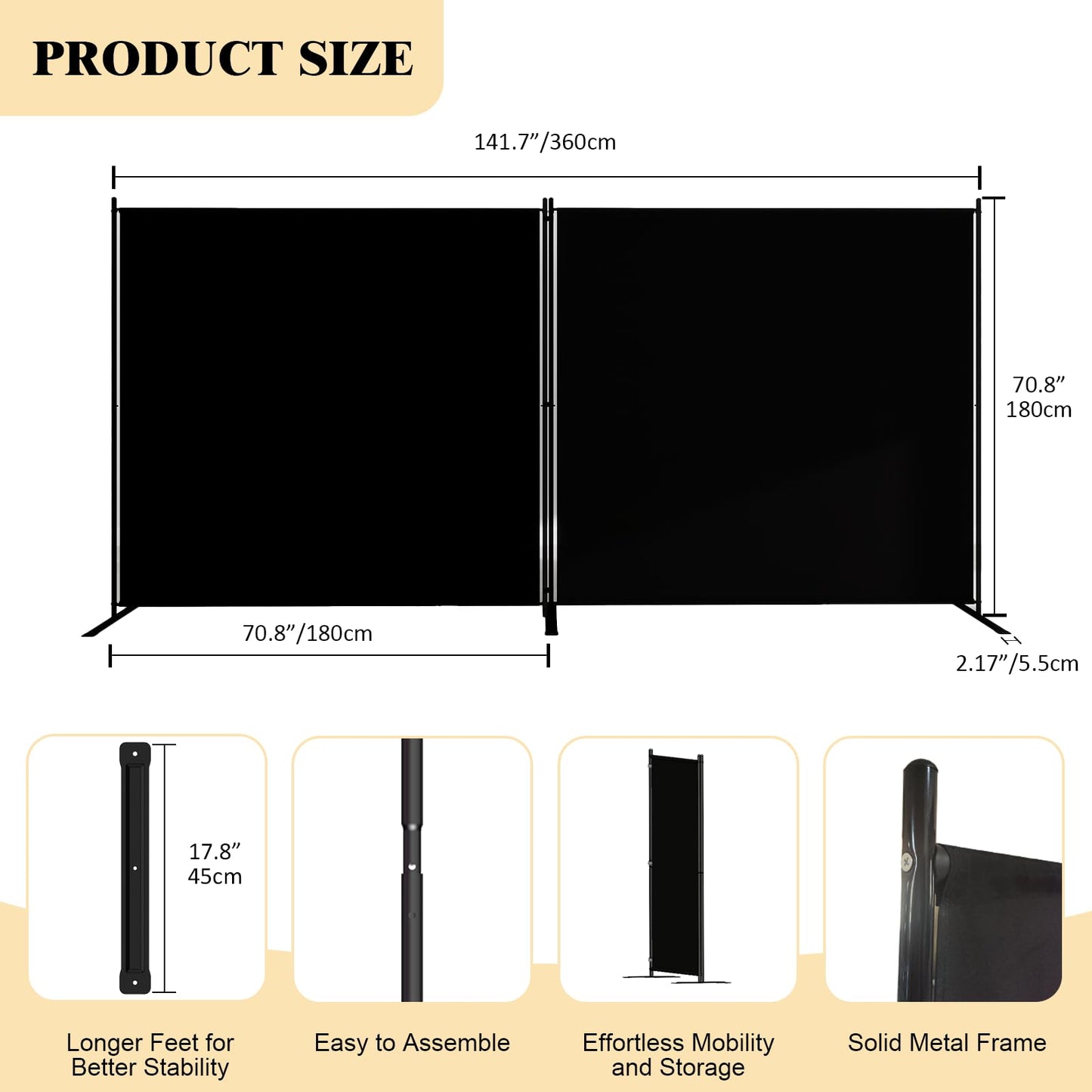 T&Jero 2-Panel Folding Room Divider, 6ft Tall Portable Privacy Screen Wall for Home and Office, Modern Freestanding Partition Separator for Bedroom, Studio, 142" Wide x 71" High, Black