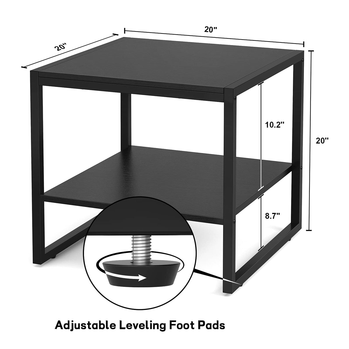 Homieasy End Table, 20 Inch Square End Table, Mini Fridge Stand with 2-Tier Storage Shelves, Industrial Wood Side Table Small Table Stand for Living Room, Bedroom, Office, Black