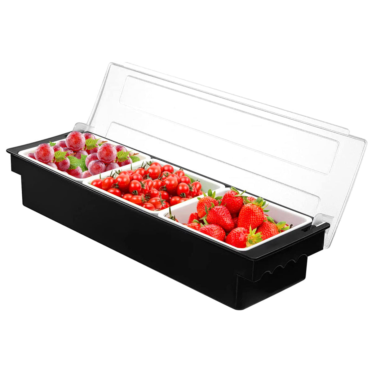 FEOOWV Fruit Veggie Condiment Caddy with Lid, 3 Compartment Plastic Dispenser Tray for Catering Dips Toppings, Serving Taco, Ice Cream, Fruit, & Salad Bar Garnish Organizer for Restaurant Supplies