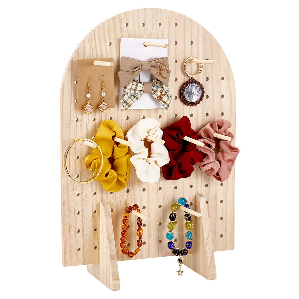 PH PandaHall Wooden Pegboard Display Stand with 25 Pcs Wood Dowel Rods Oval Jewelry Organizer for Necklaces, Keychains, Earrings, Pins, Perfect for Craft Shows, Vendor Events, Selling, 5x11x17inch