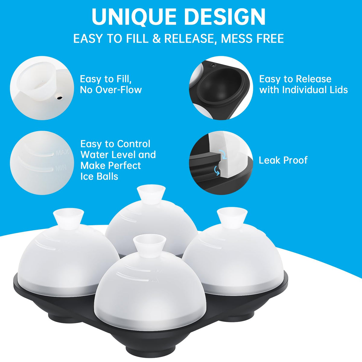 HONYAO Silicone Whiskey Ice Ball Mold - 2.4 Inch Large Ice Cube Trays Molds Silicone with Lids - Ice Sphere Maker for Cocktails, Bourbon, Rum - 2 x 4 Iceballs