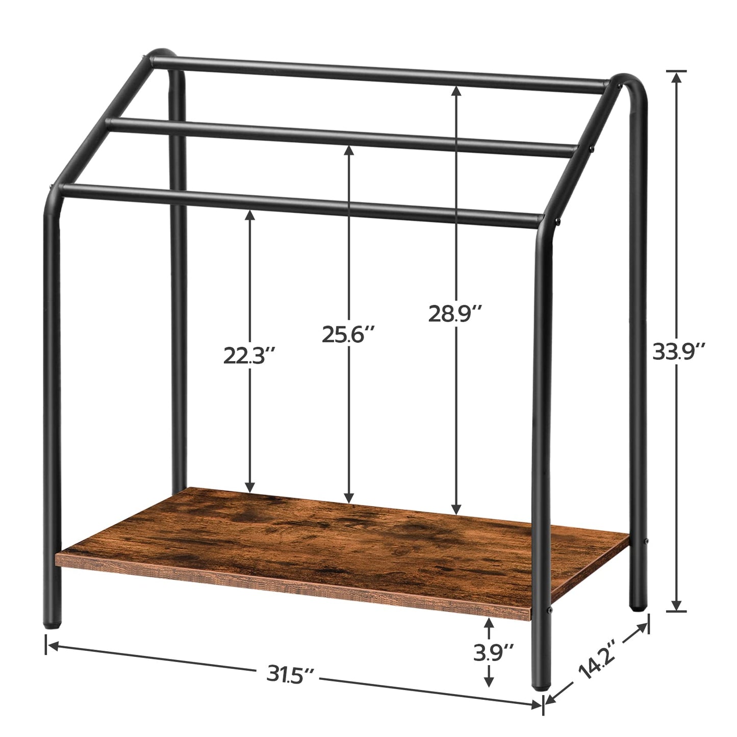 HOOBRO Freestanding Towel-Rack for Bathroom, 3 Tier Blanket Rack for Living Room, 31.5" L x 14.2" W x 33.9" H, Quilt Blanket Ladder Holder, Drying and Display Rack, Rustic Brown and Black BF80LB01