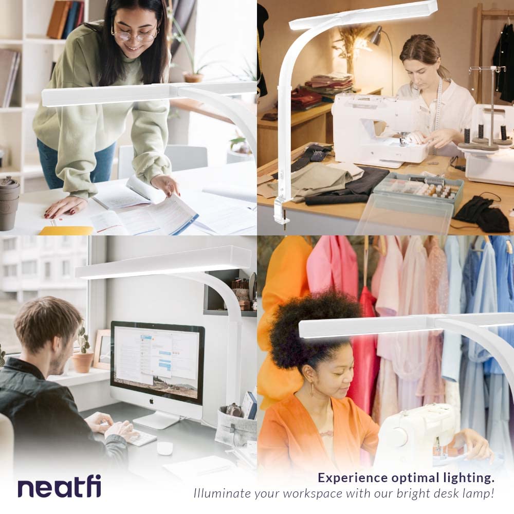 Neatfi 3,000 Lumens LED Desk Lamp with Clamp | Dimmable | 5 Brightness Levels & 5 Light Modes | Memory Function | Eye-Caring Flexible Lamp for Home & Office (28 Inches, White)