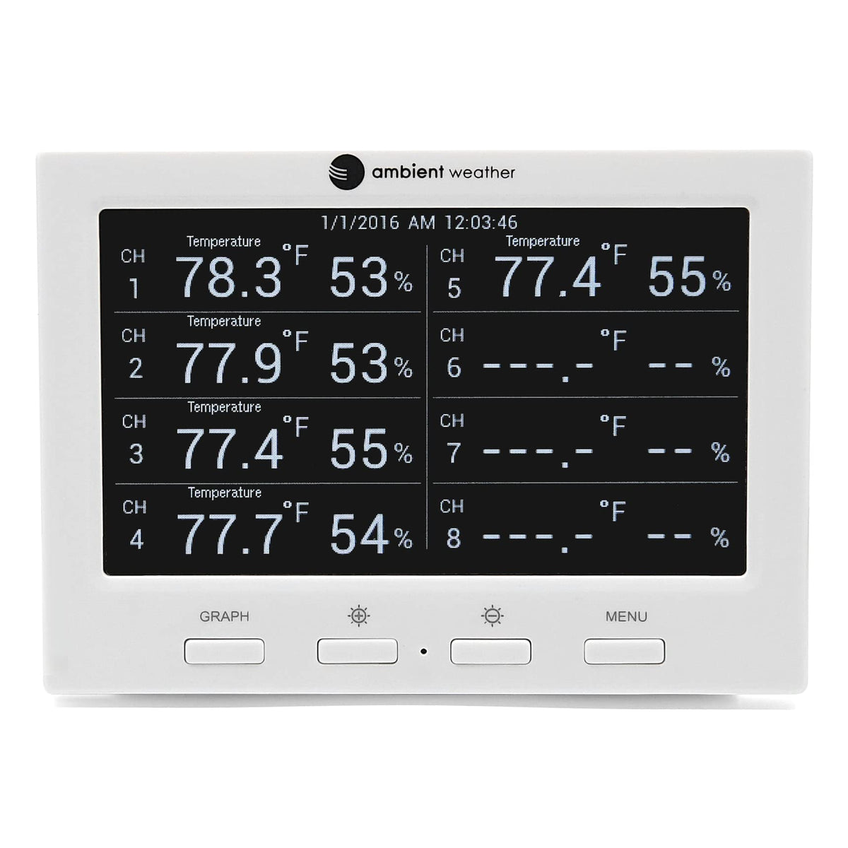 Ambient Weather WS-3000-X8 Thermo-Hygrometer Wireless Monitor w/ 8 Remote Sensors - Logging, Graphing, Alarming, Radio Controlled Clock