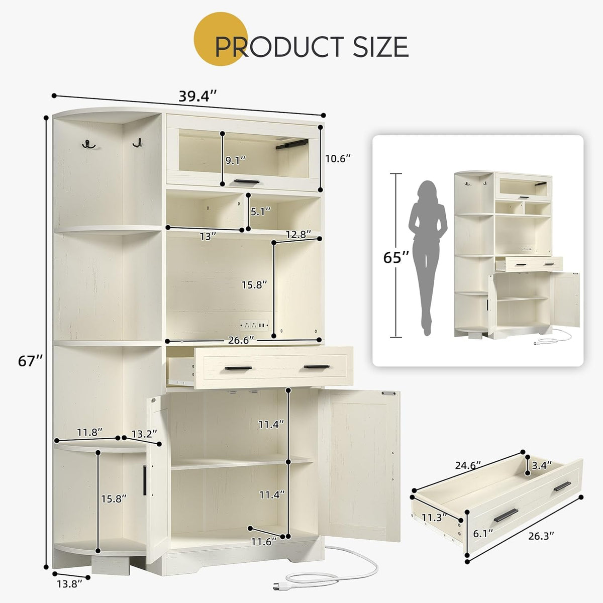 YITAHOME Kitchen Pantry Storage Cabinet, 67" Tall Kitchen Hutch with Outlet & Door & Shelves & Drawer, Farmhouse Wooden Microwave Stand Buffet Coffee Bar for Home Living Dining Room, Off-White